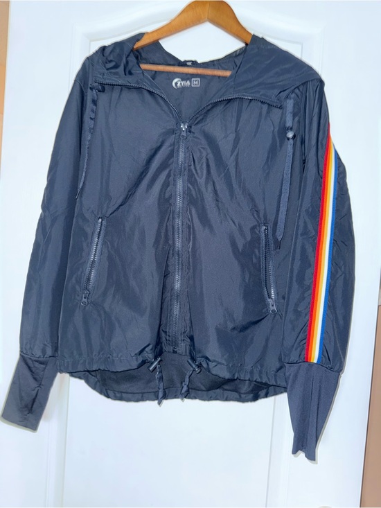 Zyia Active Jackets & Blazers - ZYIA Navy Rainbow Bomber Jacket - Hooded Windbreaker with Rainbow Sleeve Stripe